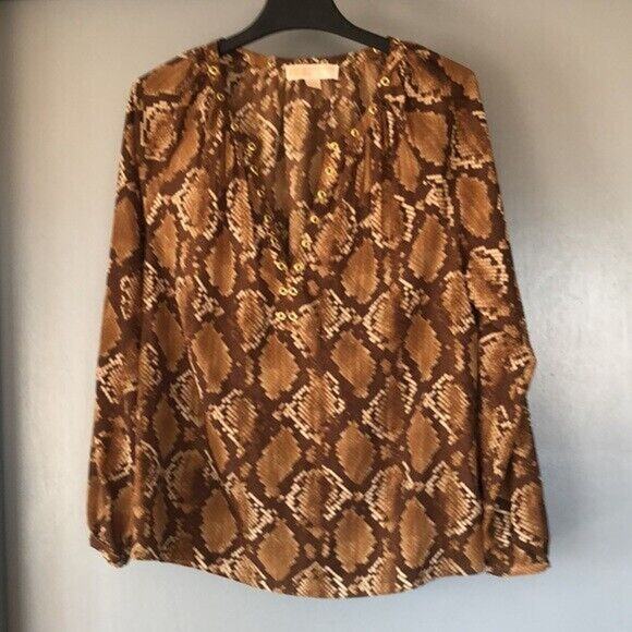 Michael Michael Kors Long Sleeve Rivet Neck Snake Top Tunic Khaki Brown Small - Picture 1 of 6